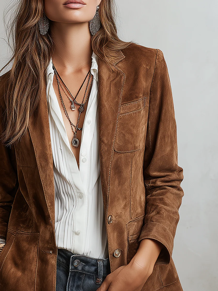 Woman wearing a vintage brown blazer