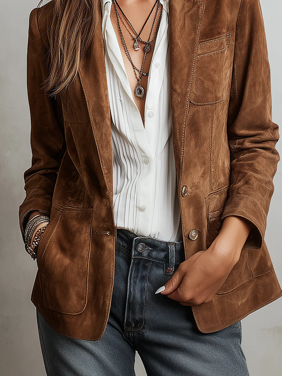 Woman wearing a vintage brown blazer