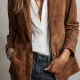 Woman wearing a vintage brown blazer