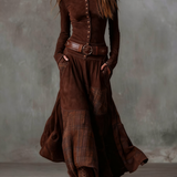 Woman wearing a suede checkered dress with belt