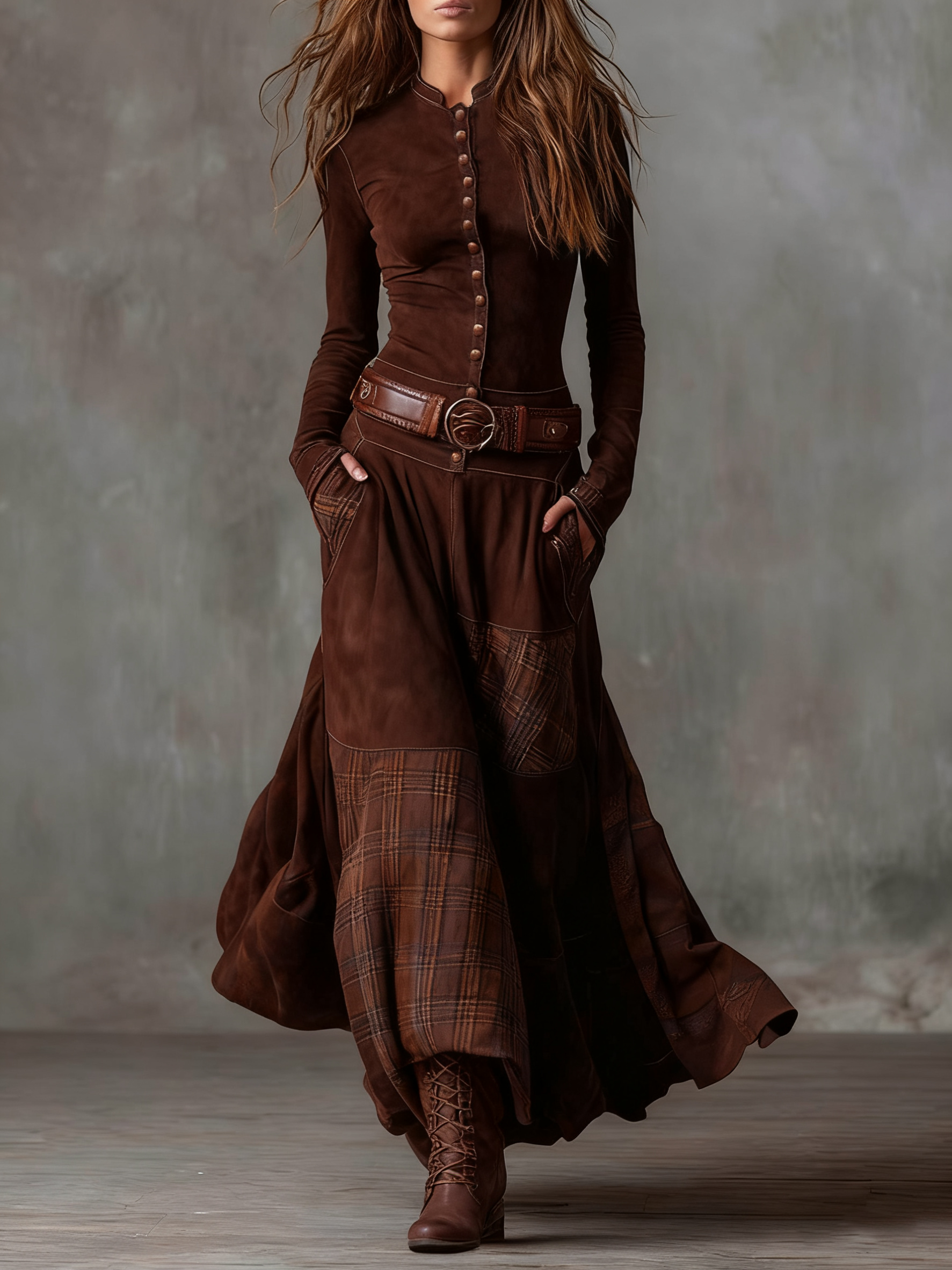 Woman wearing a suede checkered dress with belt