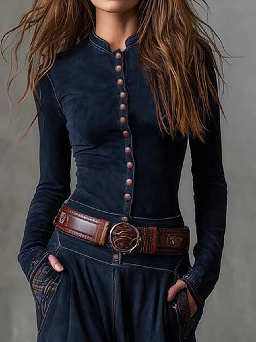 Woman wearing a suede checkered dress with belt