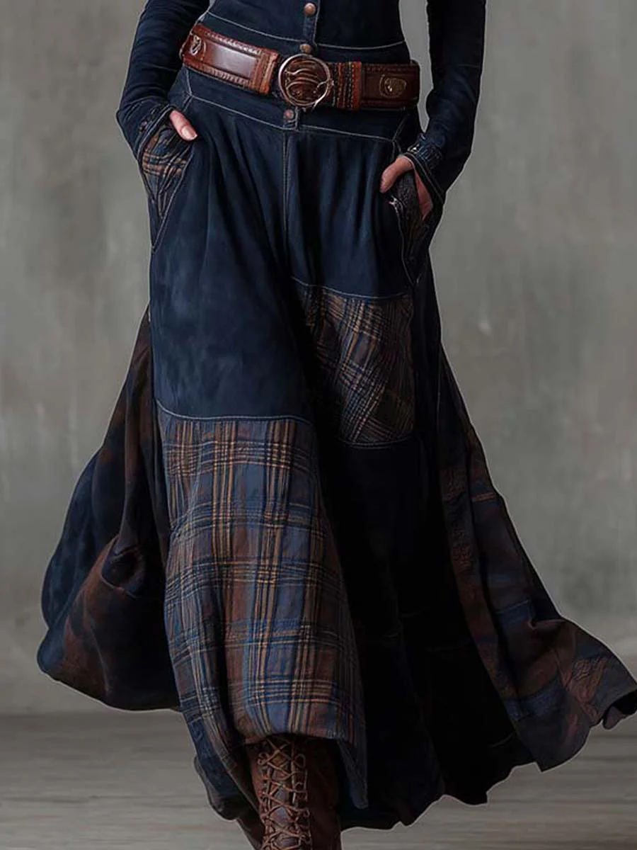 Woman wearing a suede checkered dress with belt