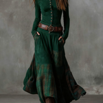 Woman wearing a suede checkered dress with belt