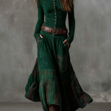Woman wearing a suede checkered dress with belt