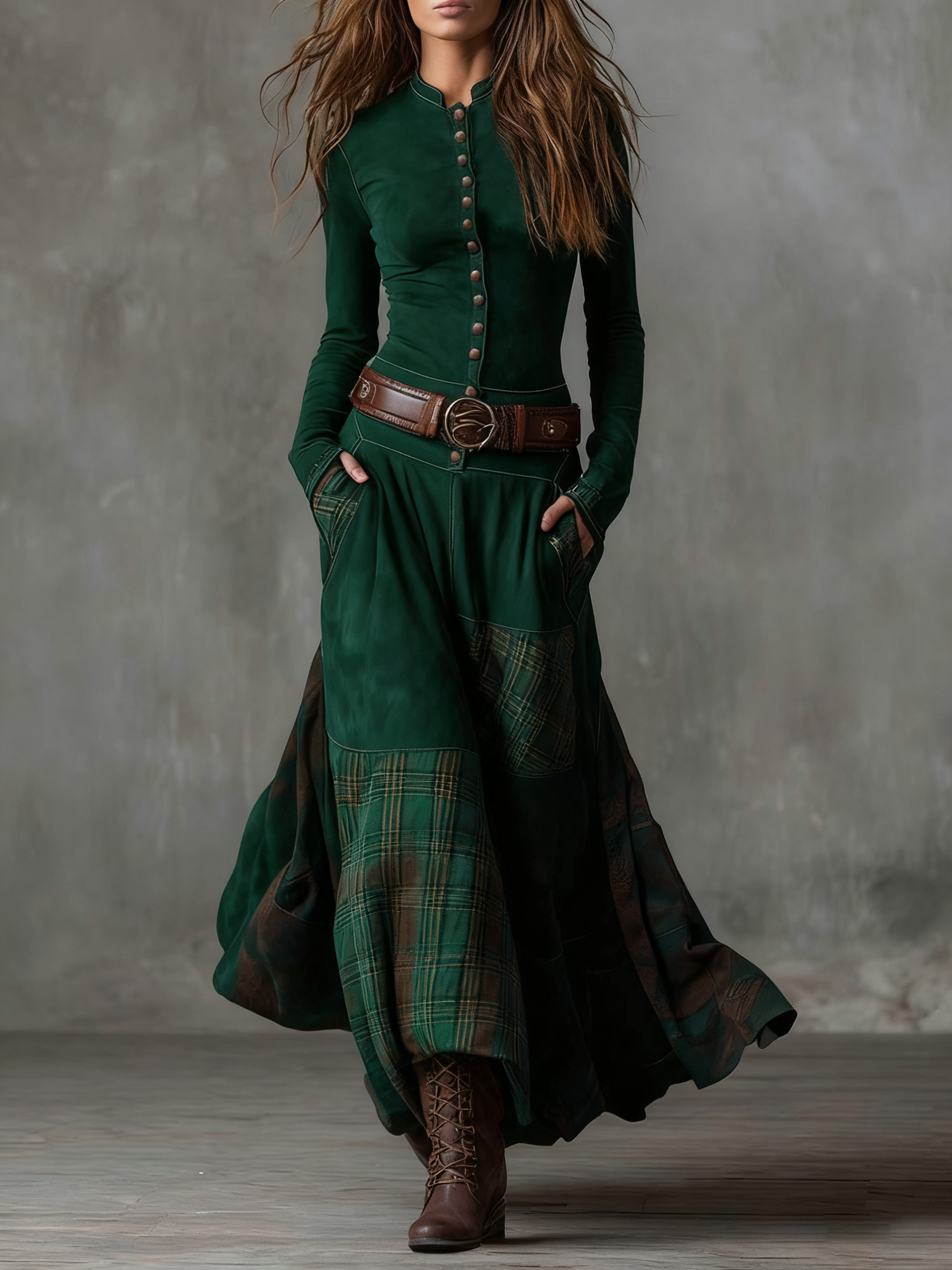 Woman wearing a suede checkered dress with belt
