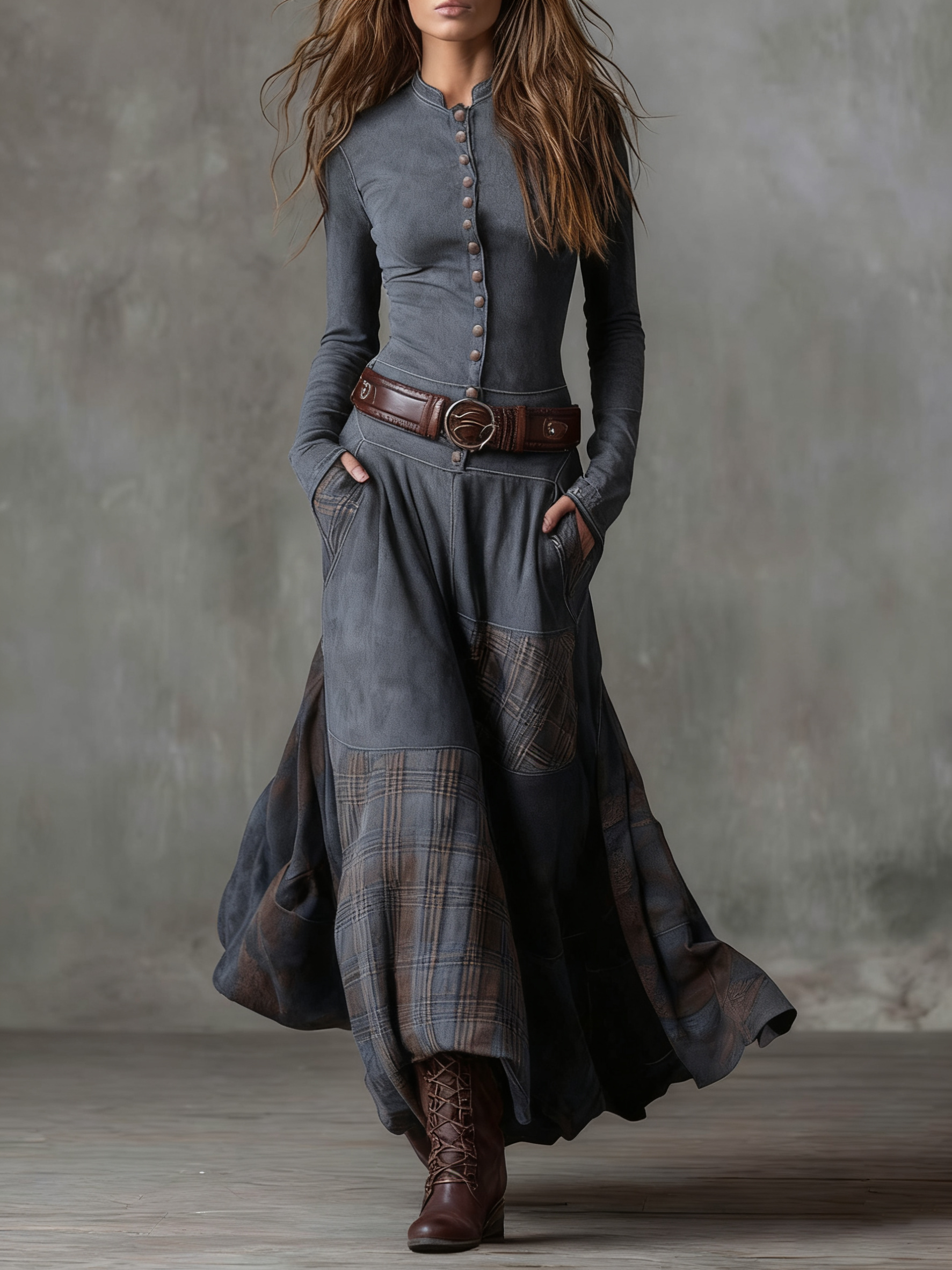 Woman wearing a suede checkered dress with belt