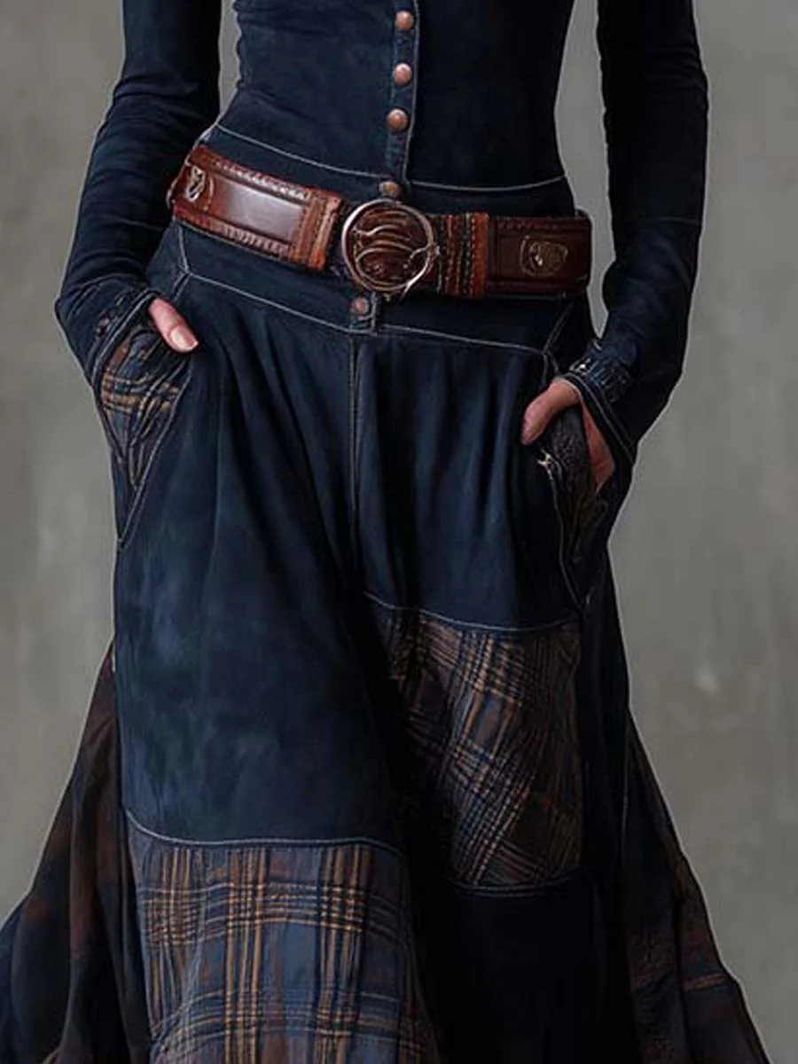 Woman wearing a suede checkered dress with belt