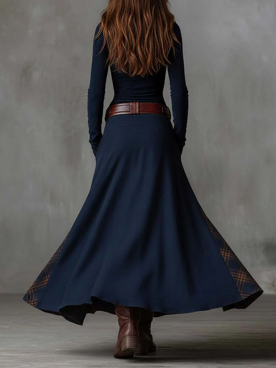 Woman wearing a suede checkered dress with belt