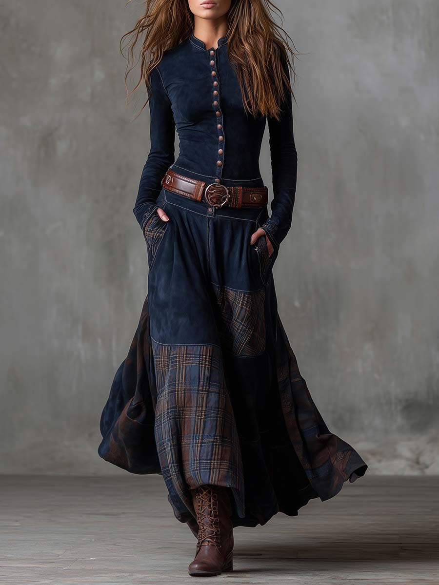 Woman wearing a suede checkered dress with belt