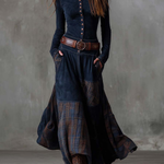 Woman wearing a suede checkered dress with belt