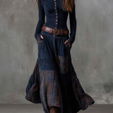 Woman wearing a suede checkered dress with belt