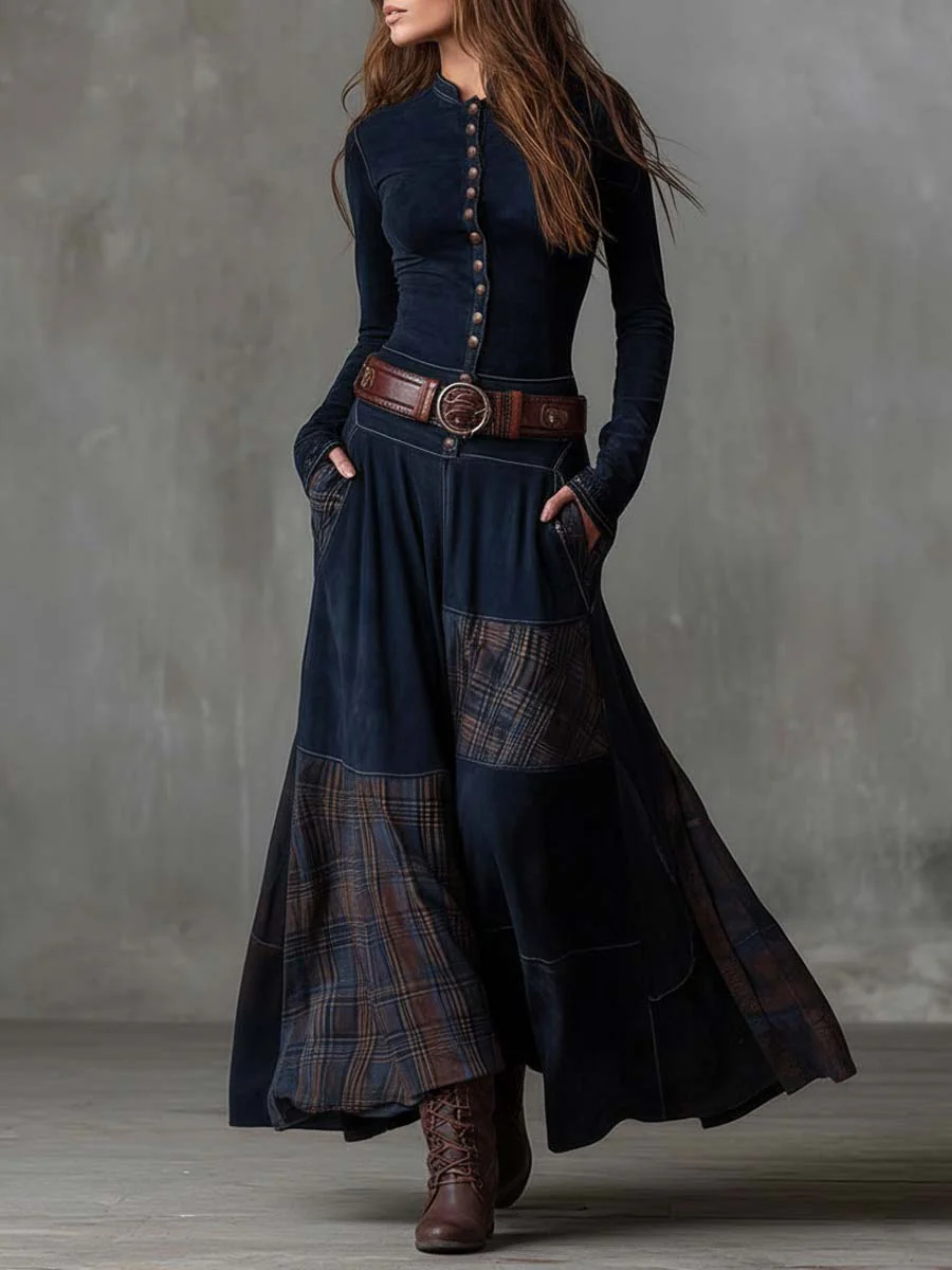 Woman wearing a suede checkered dress with belt
