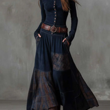 Woman wearing a suede checkered dress with belt