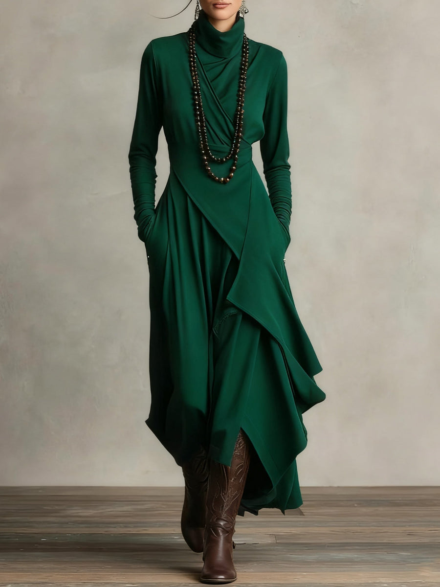 Woman wearing a draped asymmetrical maxi dress