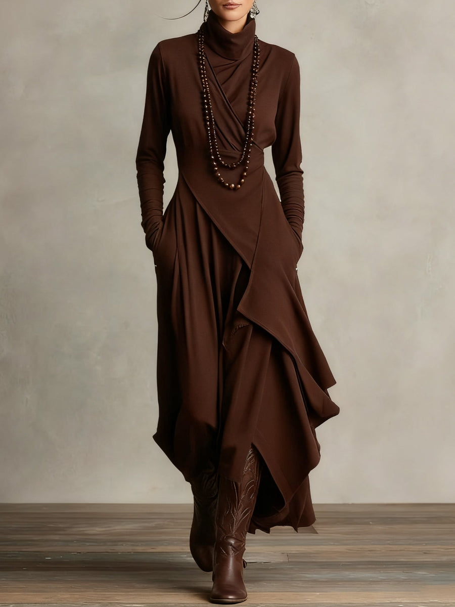 Woman wearing a draped asymmetrical maxi dress