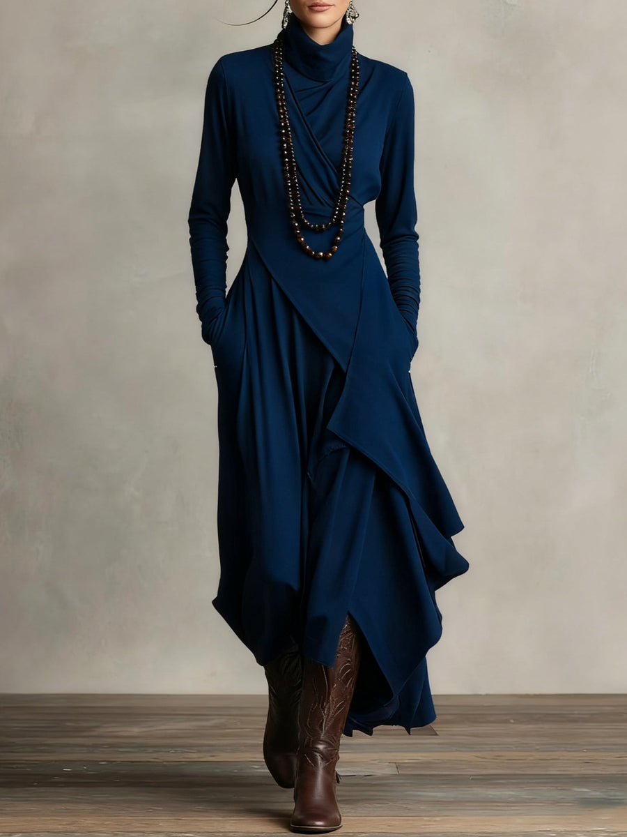 Woman wearing a draped asymmetrical maxi dress