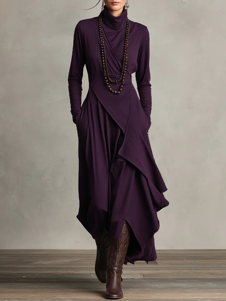 Woman wearing a draped asymmetrical maxi dress