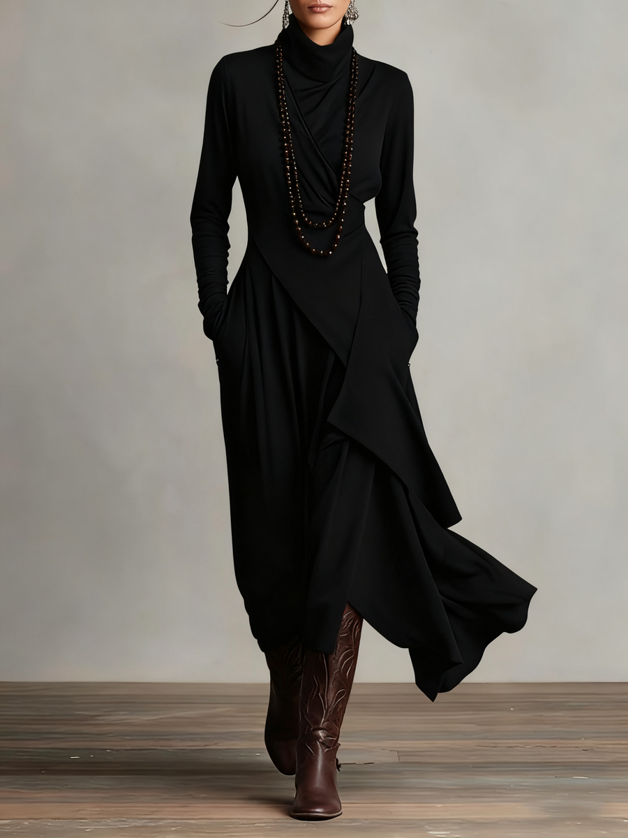 Woman wearing a draped asymmetrical maxi dress