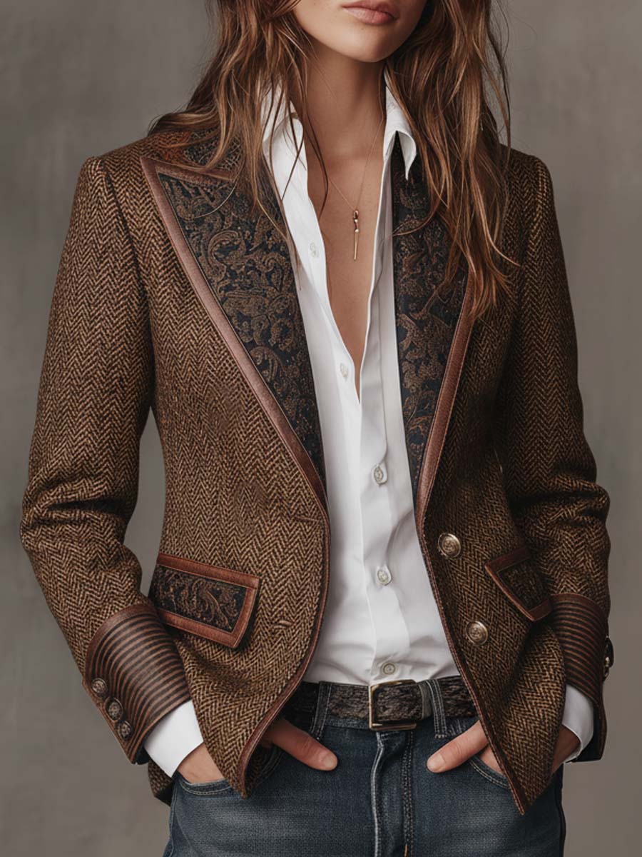 Woman wearing a herringbone panel blazer