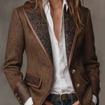 Woman wearing a herringbone panel blazer