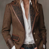 Woman wearing a herringbone panel blazer