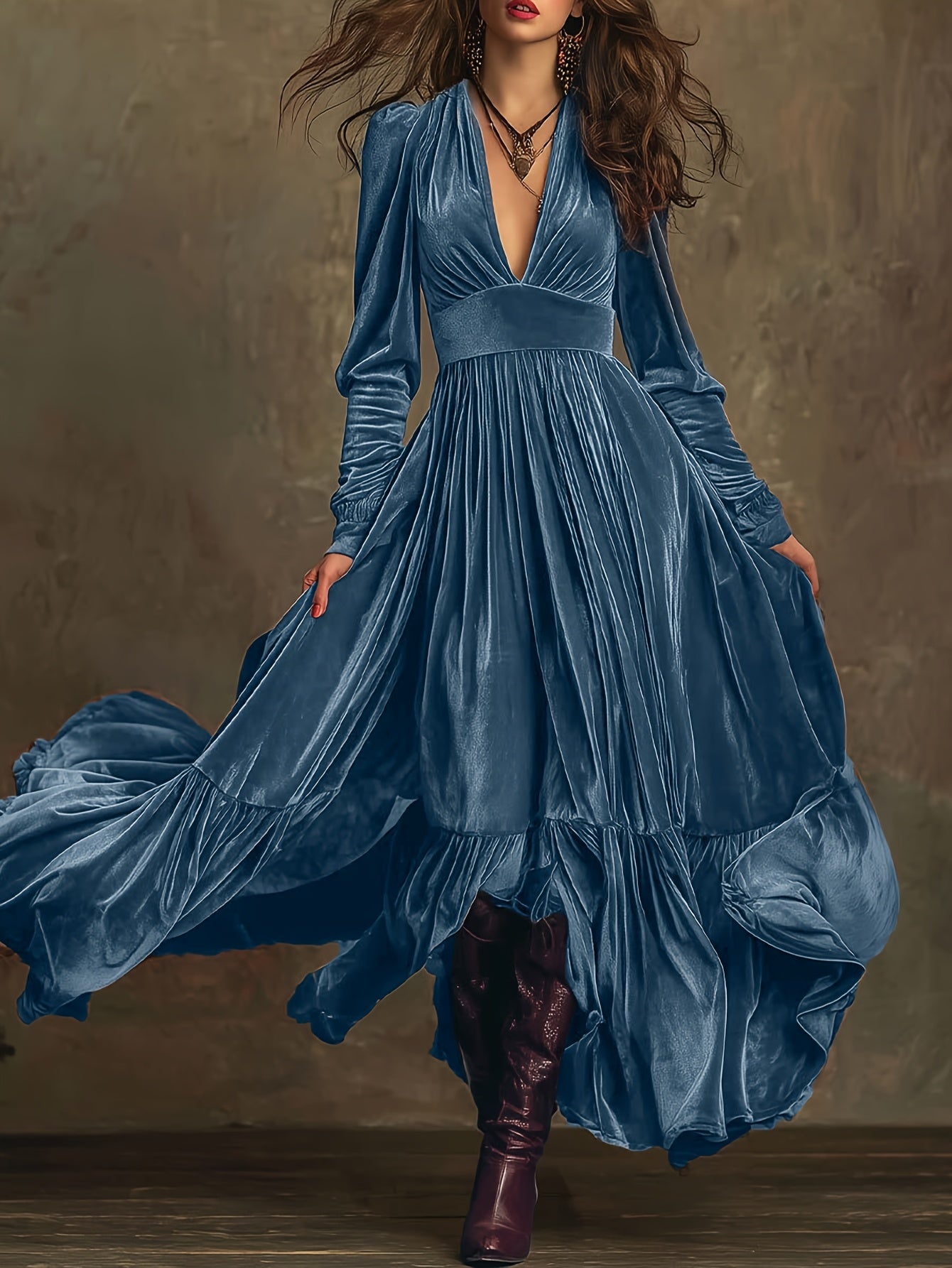 Woman wearing a deep V-neck pleated maxi dress