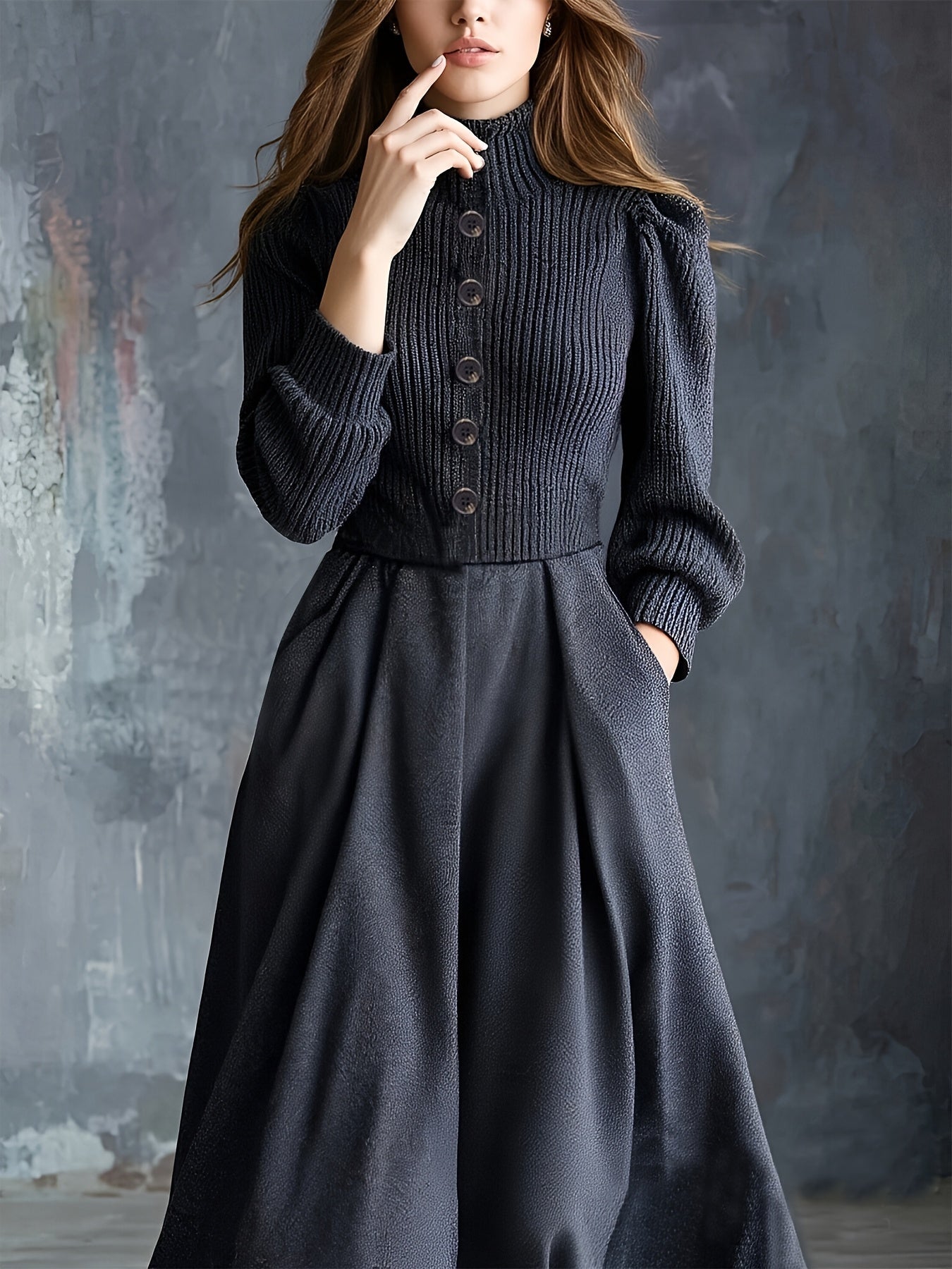 Woman wearing a vintage-inspired winter dress with pockets