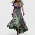 Woman wearing a floral embroidered maxi dress