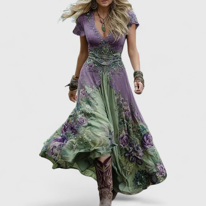 Woman wearing a floral embroidered maxi dress
