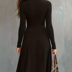 Woman wearing a zip-front long-sleeve stretch dress