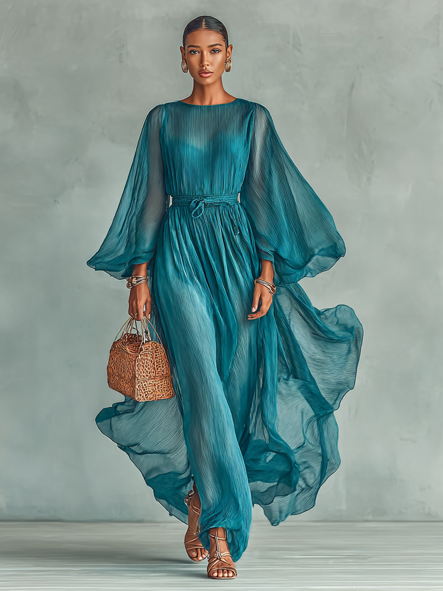 Woman wearing a statement sleeve pleated midi dress