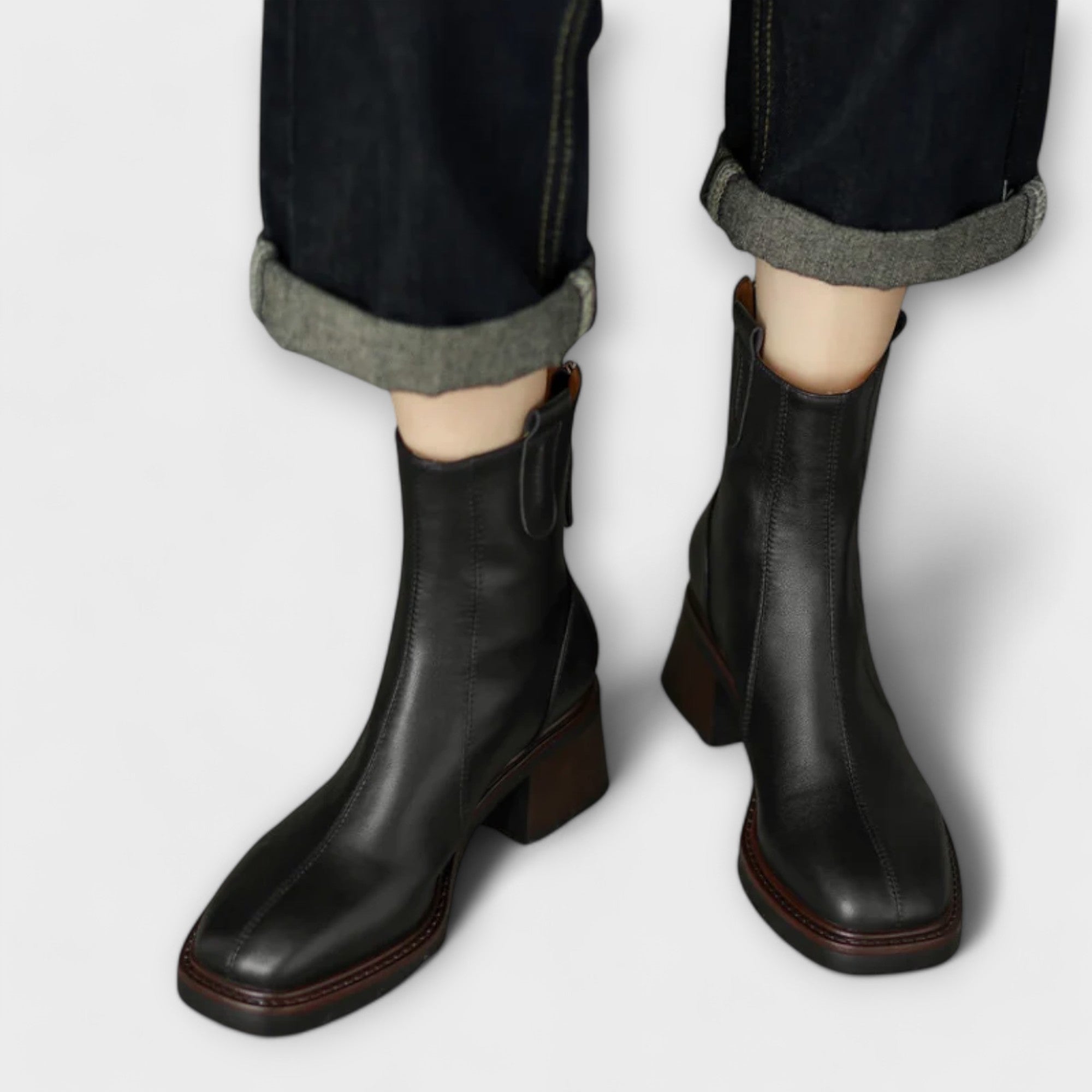 Eleanor Boots in black leather, front view on model