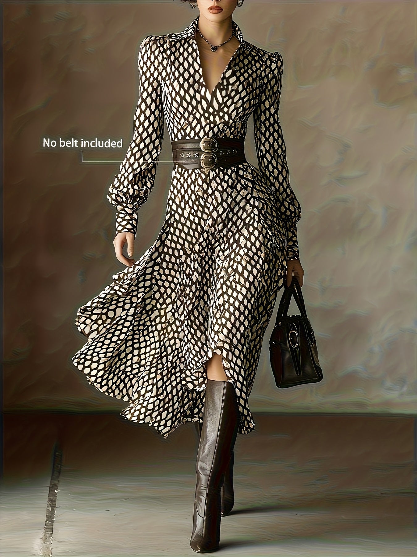 Woman wearing a rhombus print dress with belted waist