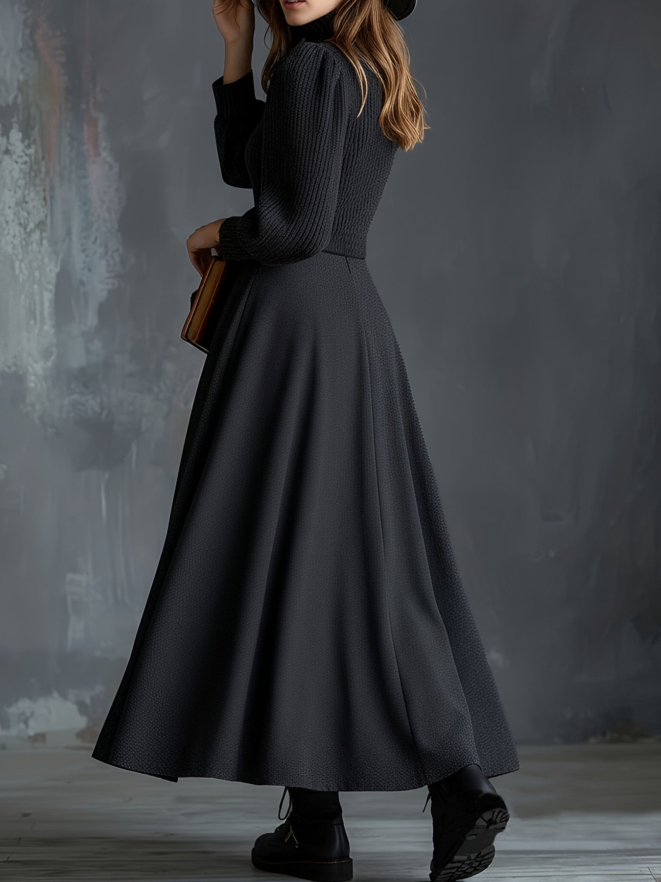 Woman wearing a vintage-inspired winter dress with pockets