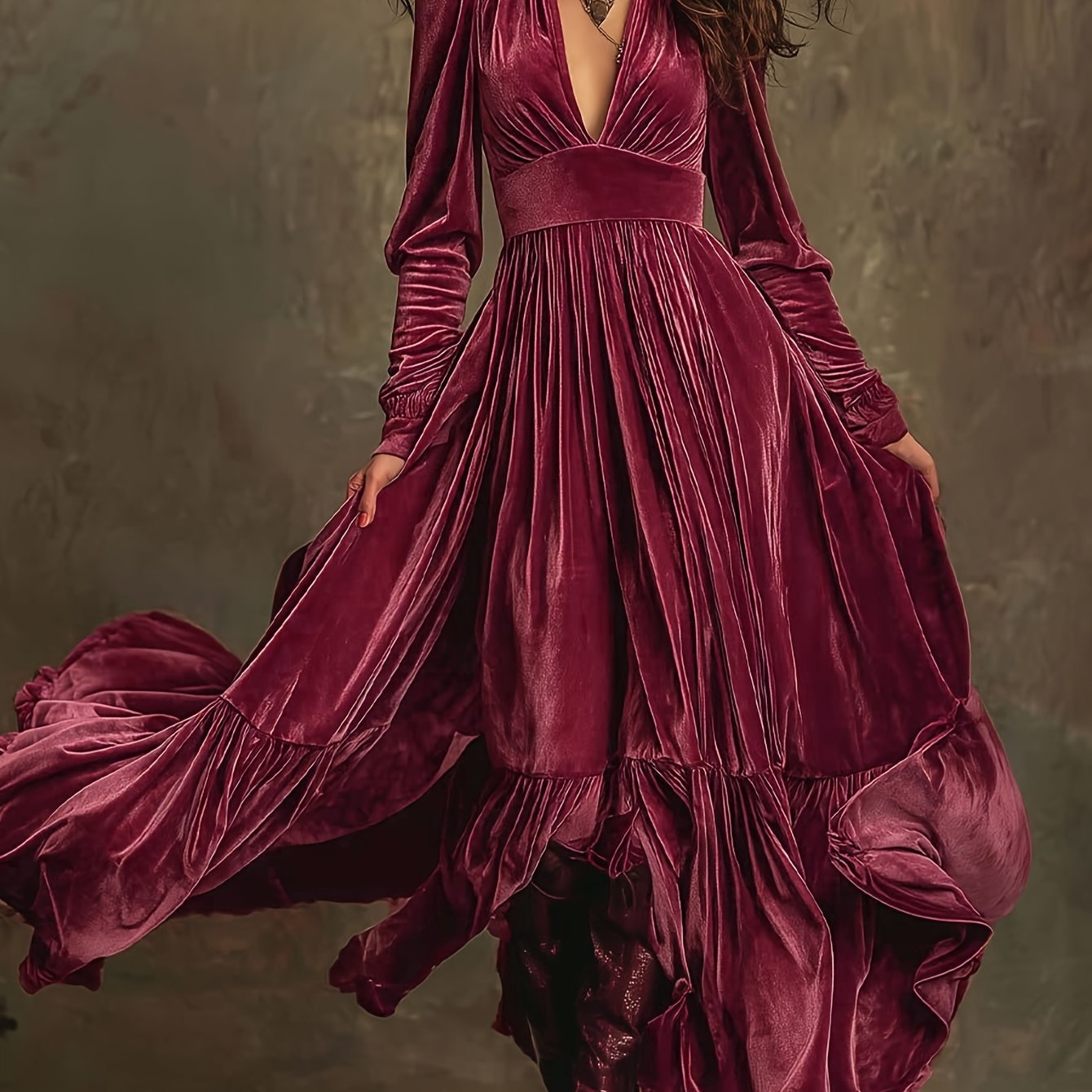 Woman wearing a deep V-neck pleated maxi dress