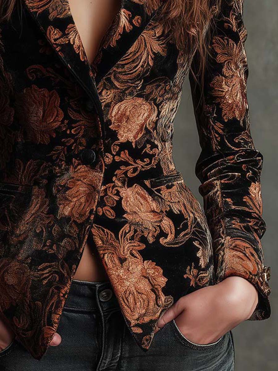 Woman wearing a black and bronze floral blazer
