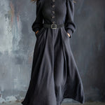 Woman wearing a vintage-inspired winter dress with pockets