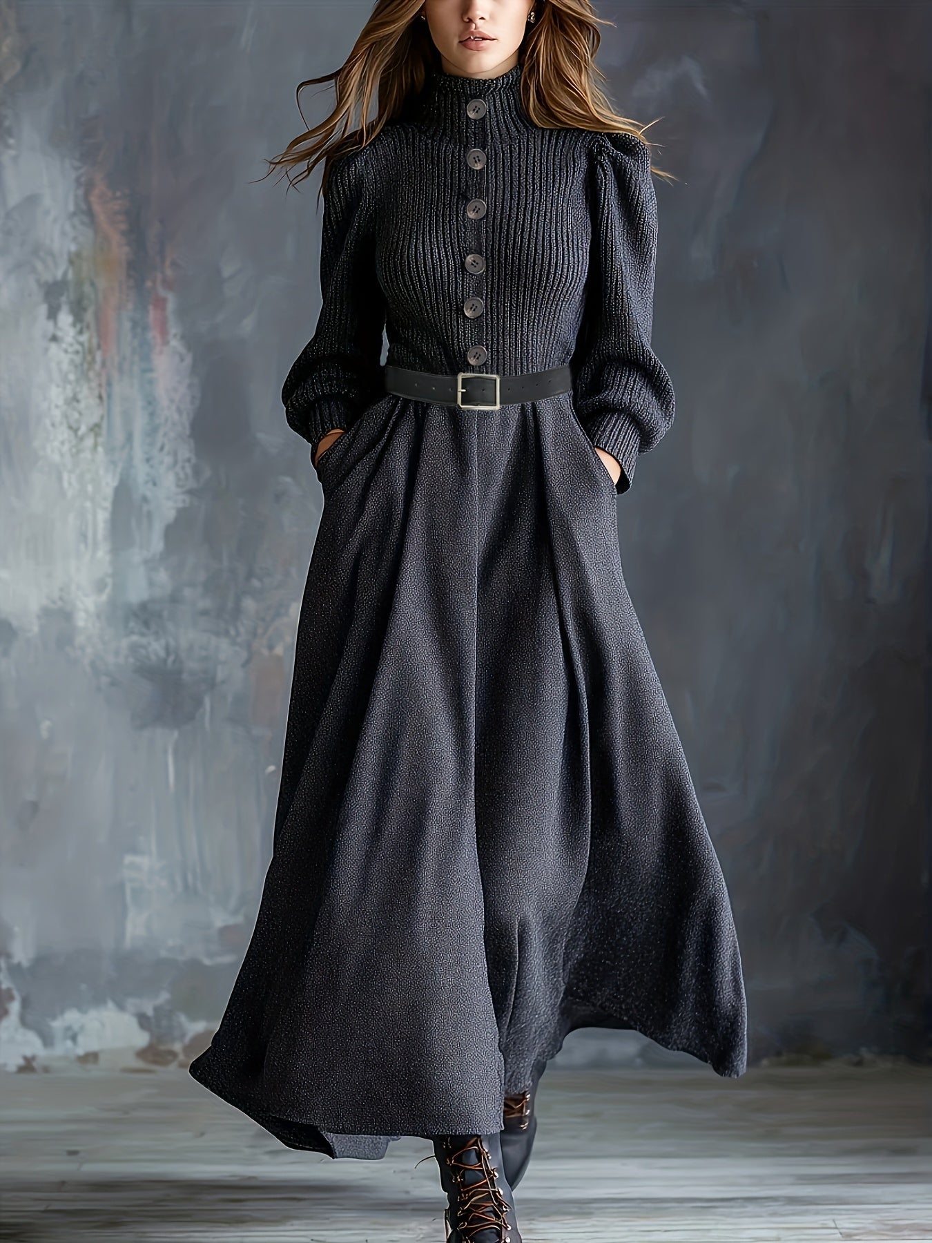 Woman wearing a vintage-inspired winter dress with pockets