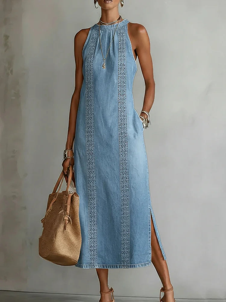 Retro lace-trim denim dress