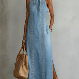 Retro lace-trim denim dress