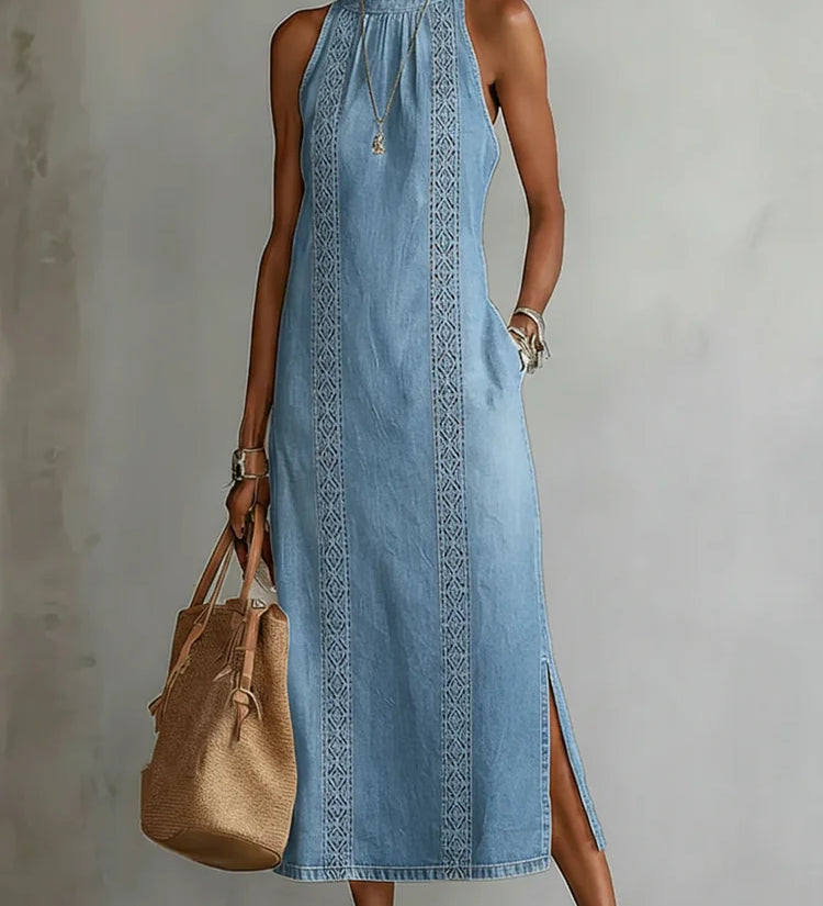 Retro lace-trim denim dress