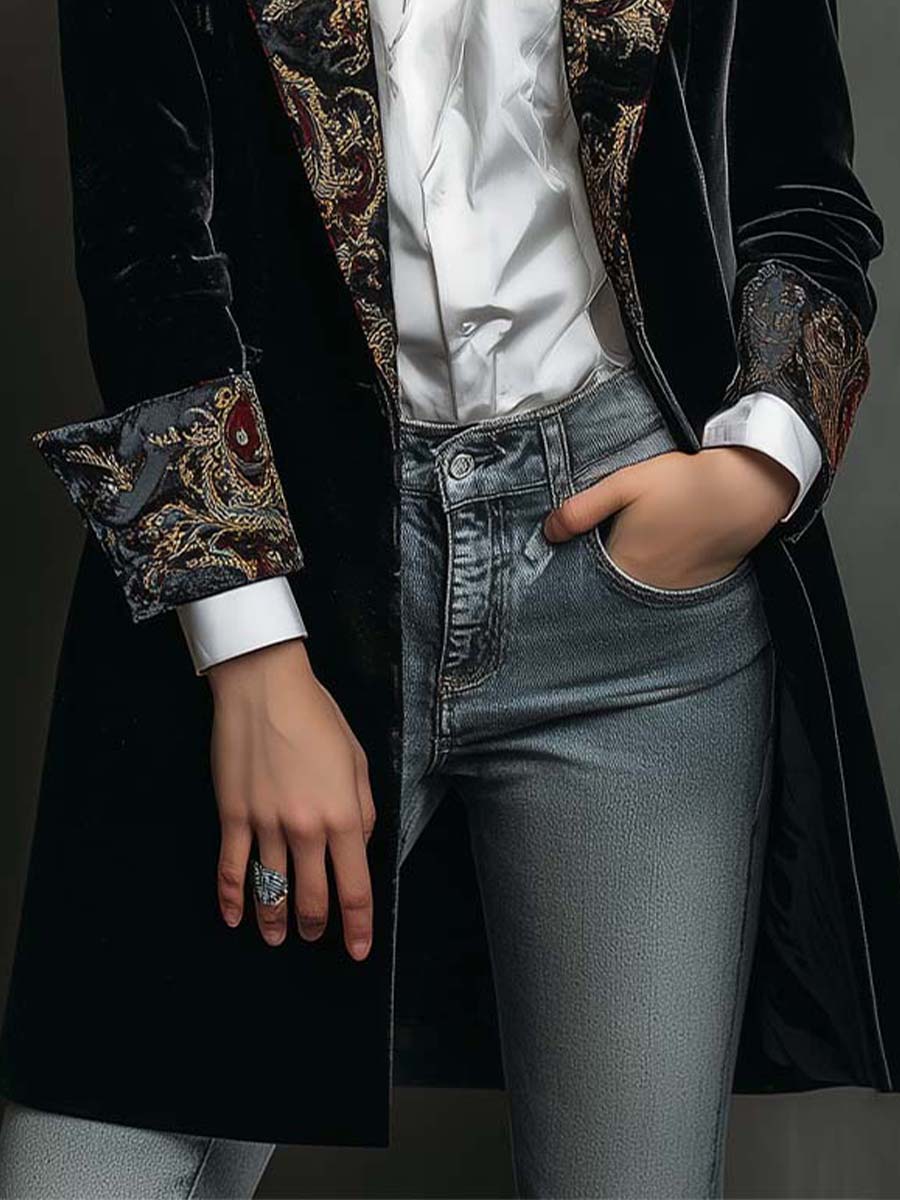 Woman wearing a long slim baroque print blazer
