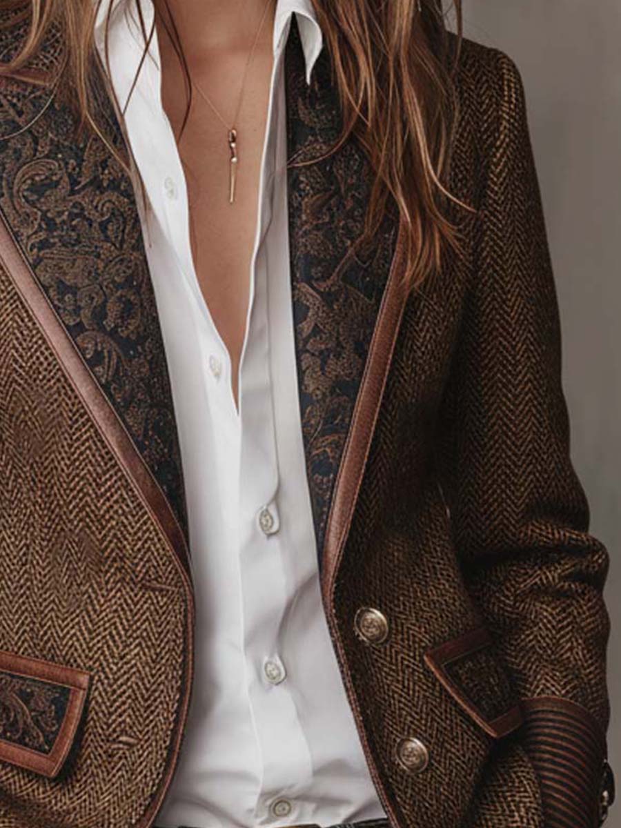 Woman wearing a herringbone panel blazer