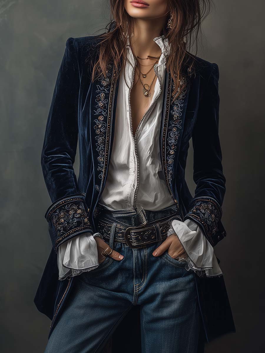 Woman wearing a long embroidered velvet jacket