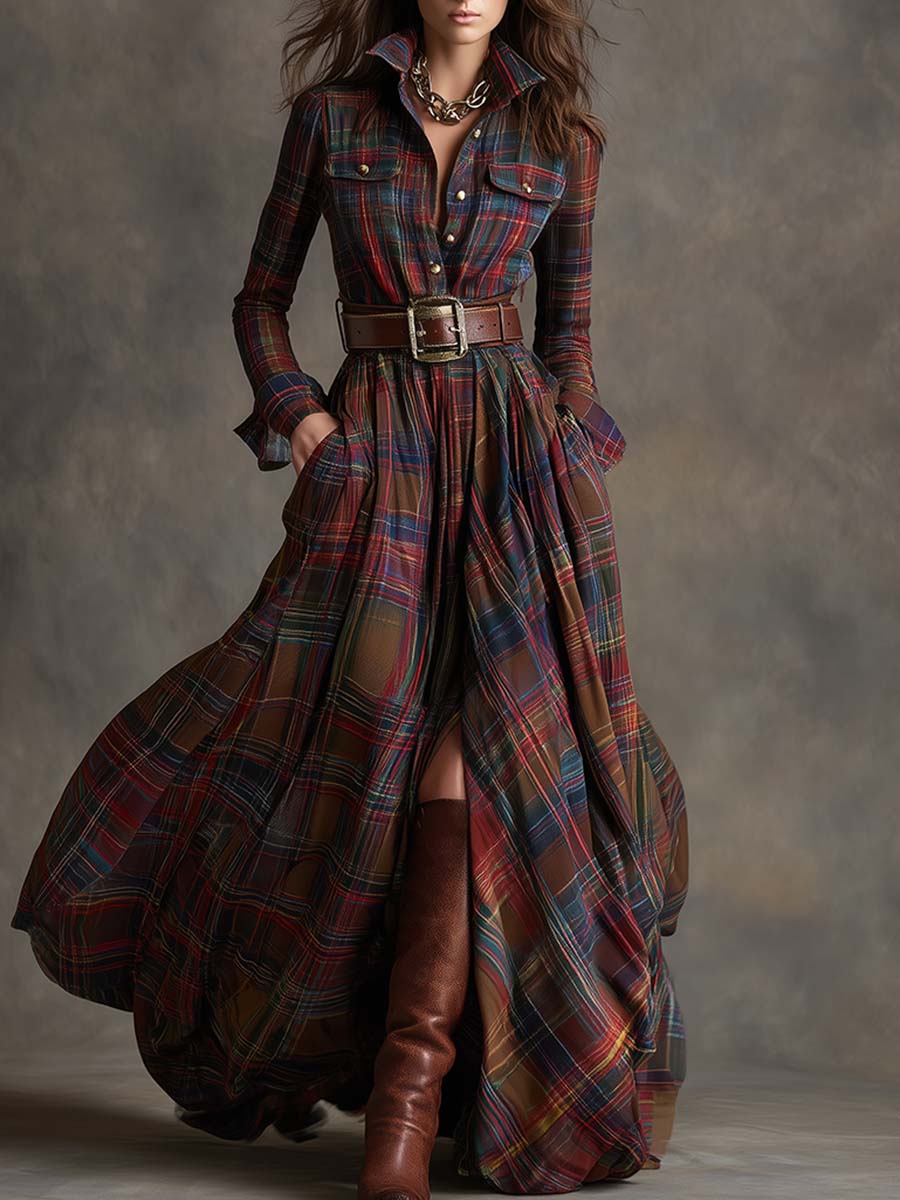 Woman wearing a belted plaid shirt dress with structured collar and flared skirt