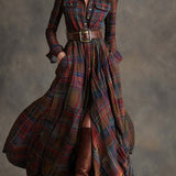 Woman wearing a belted plaid shirt dress with structured collar and flared skirt