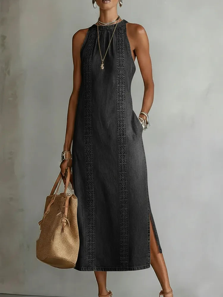 Retro lace-trim denim dress