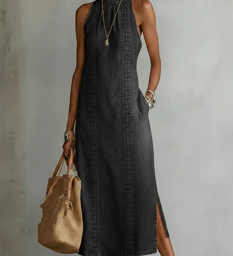 Retro lace-trim denim dress