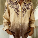 Woman wearing a vintage western floral button-up blouse